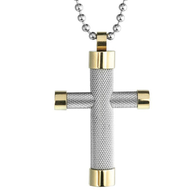 Rio Diamond Cross pendant for men crafted from stainless steel with a two-tone plating, featuring a textured silver cross and polished gold-tone ends on a ball chain necklace.