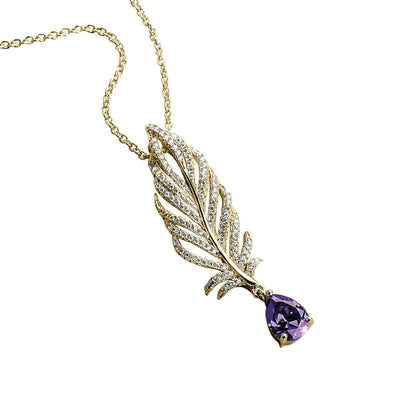 Orelia Amethyst Pendant features a delicate rhodium-plated feather design adorned with sparkling stones, suspended alongside a vibrant purple amethyst gemstone on a fine chain.