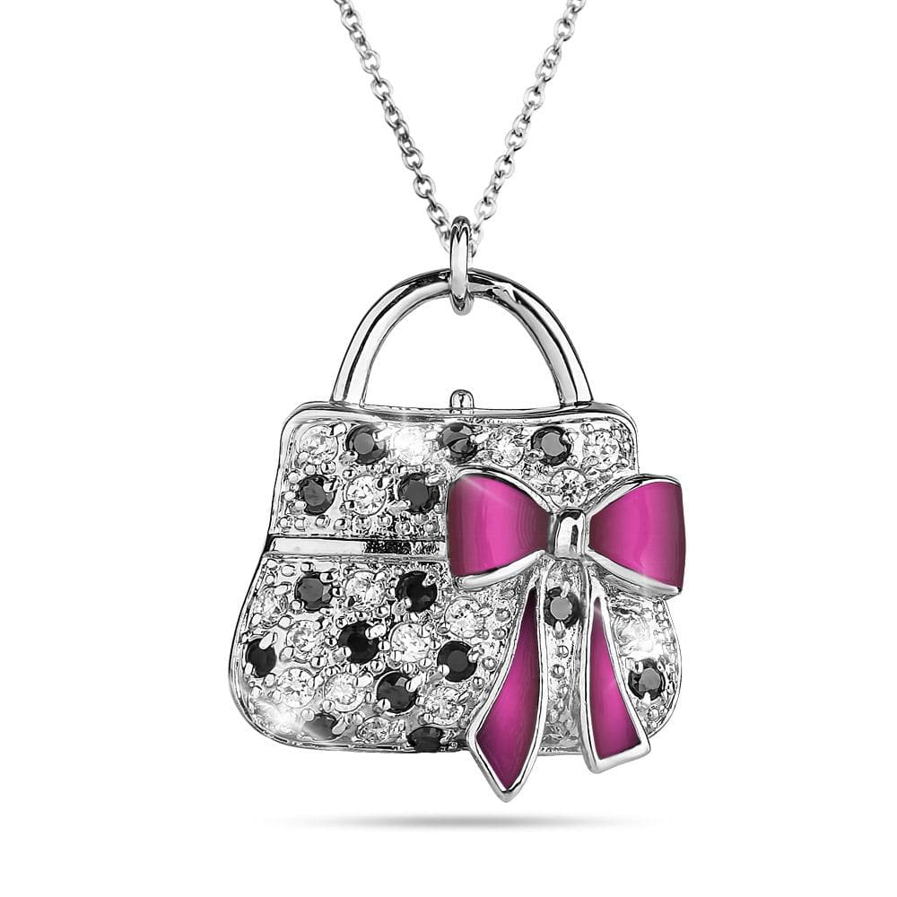Sterling silver Passarela Bag pendant necklace with rhodium plating, decorated with black stones and a vibrant pink bow, designed for women’s jewelry collection.