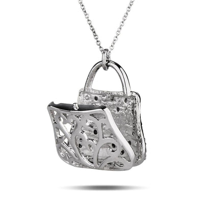 Sterling silver pendant shaped like a small handbag with ornamental cutout design, plated in rhodium, hanging from a delicate chain, Passarela Bag jewelry for female.