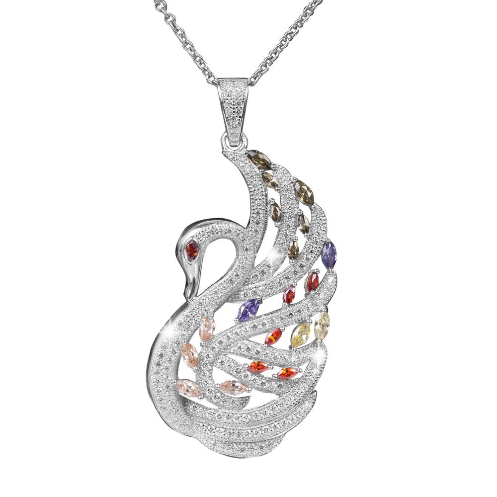 Royal Swan Pendant crafted in sterling silver with rhodium plating, featuring an elegant swan design adorned with multicolored gemstone accents, perfect for female jewelry lovers.