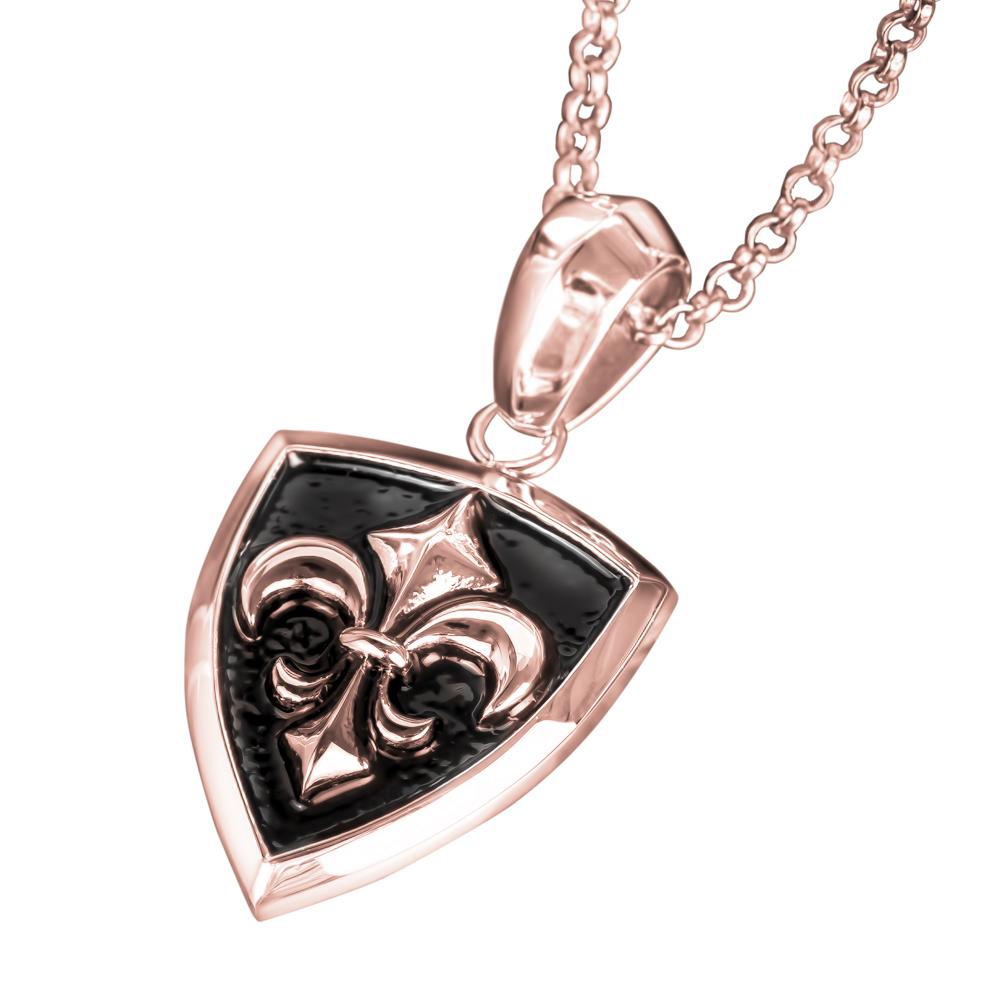 Grand Canyon Rose Gold Pendant for male featuring a stainless steel design with rose gold plating and a shield shape accented by a fleur-de-lis emblem on a black background.