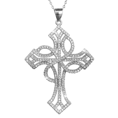 Eulalia Rhodium Cross pendant crafted in sterling silver with rhodium plating, featuring an intricate, sparkling design for women’s jewelry.