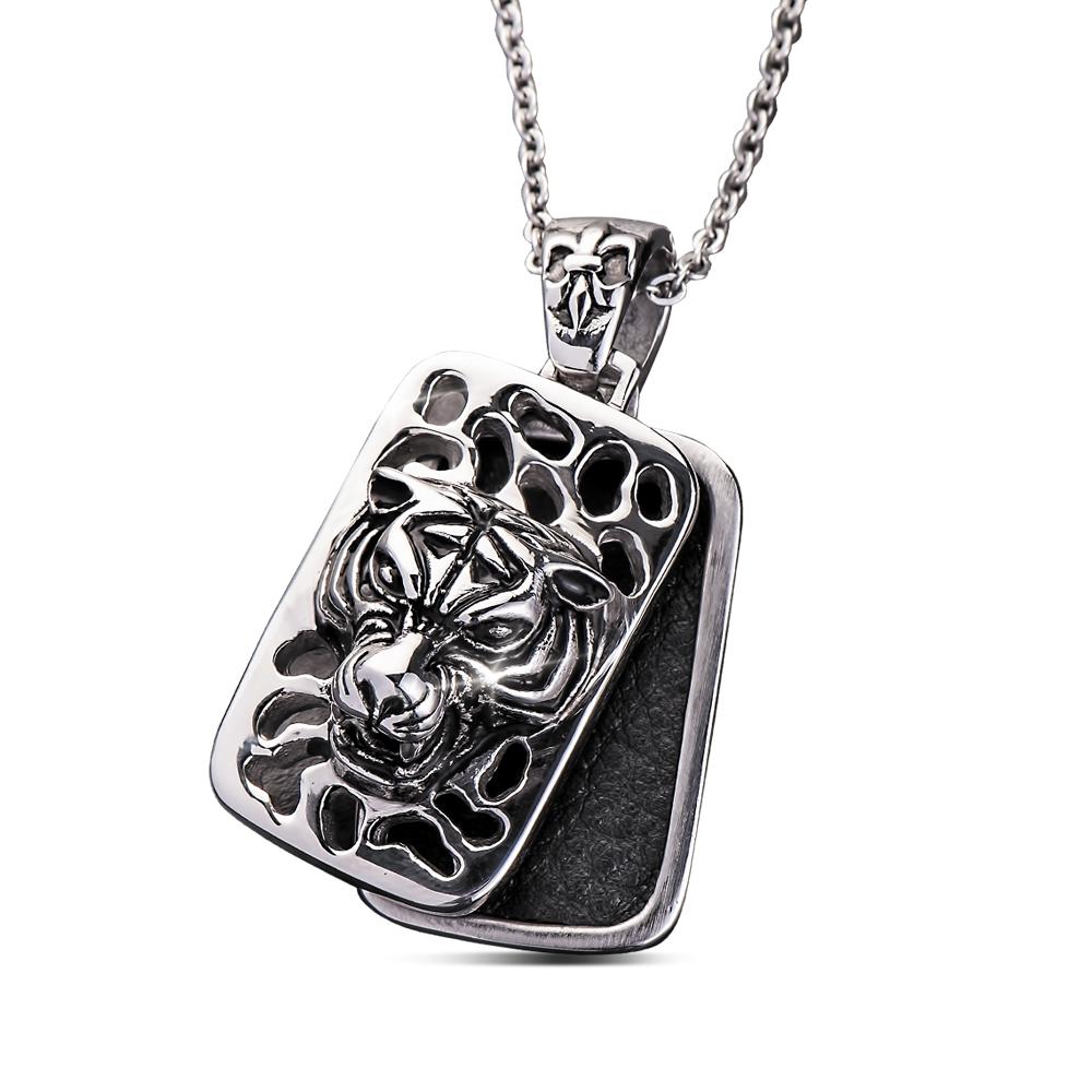 Tiger Dog Tag Pendant crafted from stainless steel featuring a detailed tiger head design with textured cutouts, suspended on a sturdy chain for a bold masculine jewelry statement.
