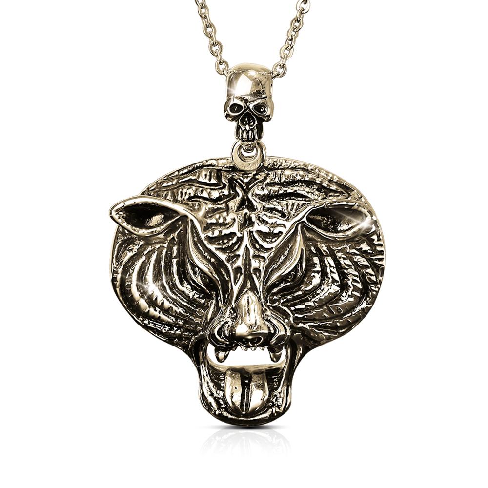 Fierce Men's Pendant in gold plated stainless steel featuring a detailed tiger face design with a skull-shaped bail on a matching chain, a bold statement jewelry piece for men.