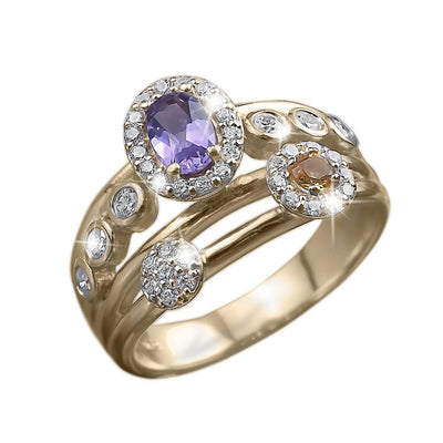 Constellation Ring featuring sterling silver with gold plating, adorned with a central purple gemstone and multiple sparkling white stones, designed for females.