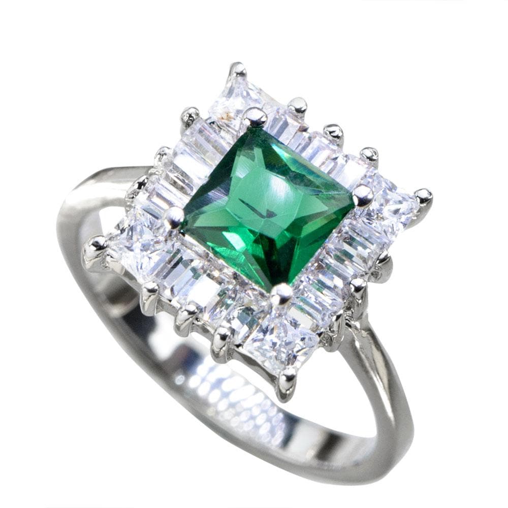 Gatsby Ring featuring a sterling silver band plated in rhodium, adorned with a striking green square center stone surrounded by clear baguette and round accents, designed for women.