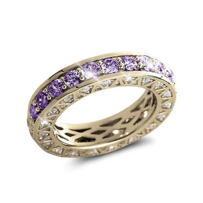 Portofino Amethyst Eternity Ring featuring sterling silver with gold plating, adorned with sparkling amethyst and clear gemstones, designed for female jewelry enthusiasts.