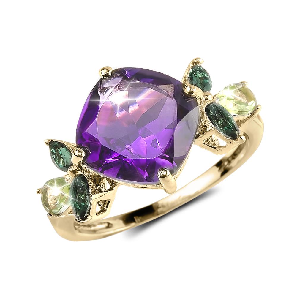 Violetta Ring featuring a large purple gemstone centerpiece with smaller green and light yellow stones set in sterling silver plated in gold, designed for women.