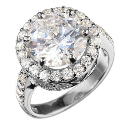 Close-up of a sterling silver Versailles Rhodium Ring for females, featuring a large round center stone surrounded by smaller sparkling stones on a rhodium-plated band.