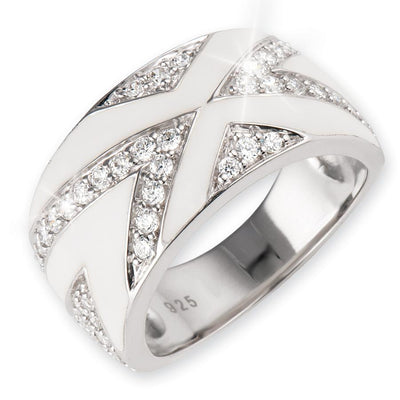 Boulevard Ring in sterling silver with rhodium plating, featuring sparkling crystals set in an elegant cross pattern designed for women’s jewelry collections.