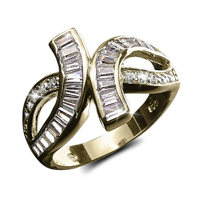 Baguette Twist Ring Gold featuring a sterling silver band with gold plating, elegantly adorned with baguette and round-cut sparkling stones for a refined female jewelry piece.
