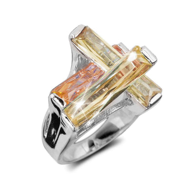 Sterling silver Champagne Contemporary Cross Ring for female with rhodium plating and rectangular champagne-colored stones in a contemporary cross design, elegant jewelry ring.