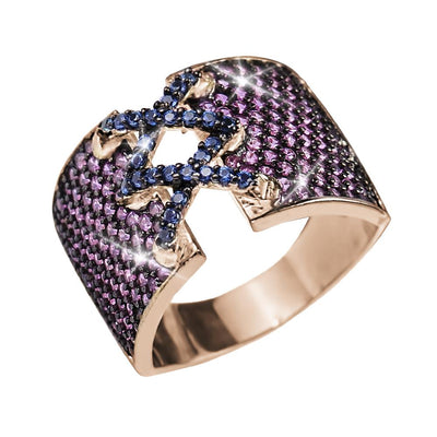 Burlesque Ring featuring sterling silver in rose gold plating, adorned with purple and blue gemstones, designed for women seeking elegant jewelry rings.