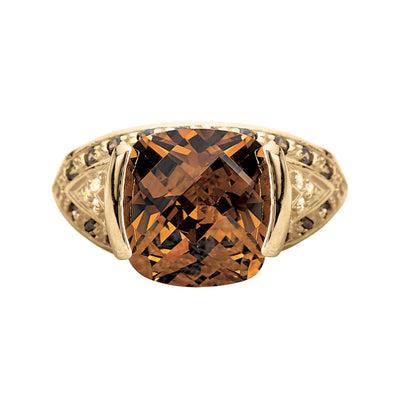 Sienna Coffee Ring featuring a large cushion-cut brown gemstone set in sterling silver with gold plating, designed for women’s jewelry collections.