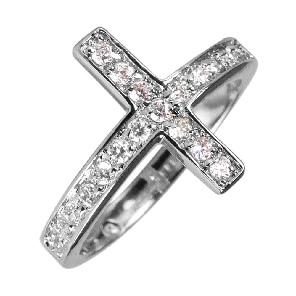 Reclining Cross Rhodium Ring in sterling silver with rhodium plating, featuring sparkling clear stones in a cross design, elegant jewelry for women.