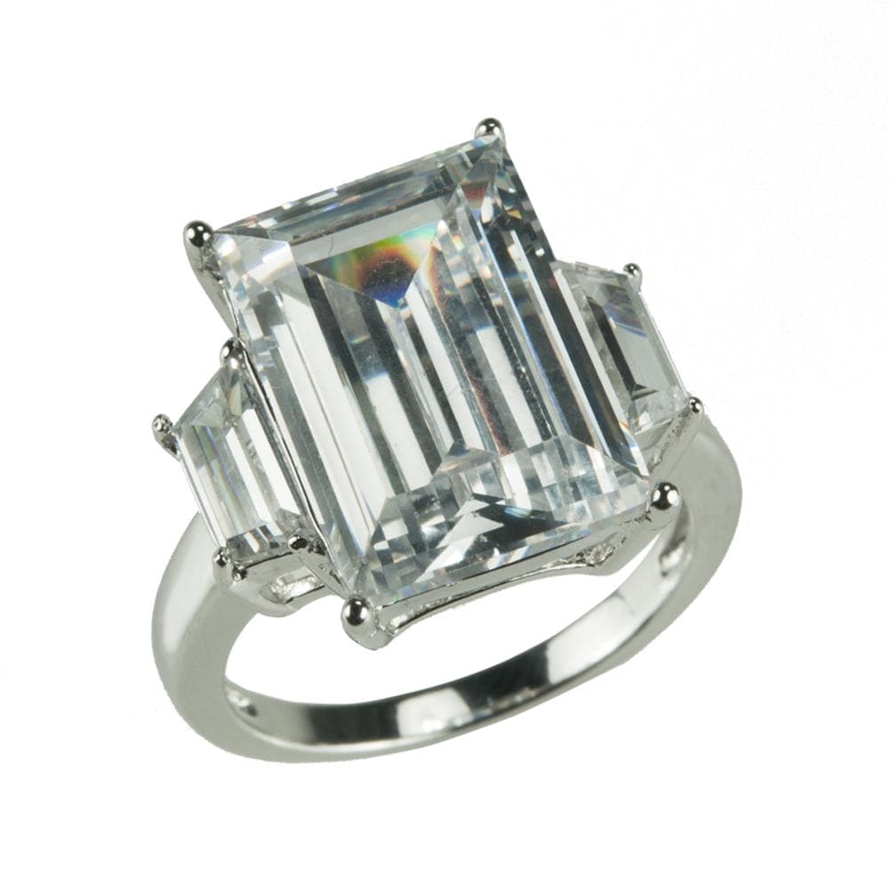 Sterling silver Casino Ring with rhodium plating featuring a large rectangular clear gemstone flanked by two smaller rectangular stones, designed for female jewelry collectors.