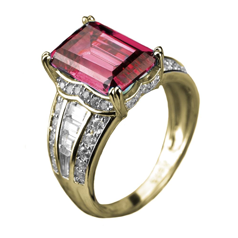 Orianna Gold Ring featuring a sterling silver base plated in gold with a large rectangular pink gemstone centerpiece and accented with smaller clear stones, designed for women’s jewelry.