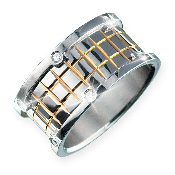 Men's Endeavor Ring in stainless steel with two-tone plating featuring a geometric grid pattern accented by small clear stones, a bold and modern men's jewelry ring.