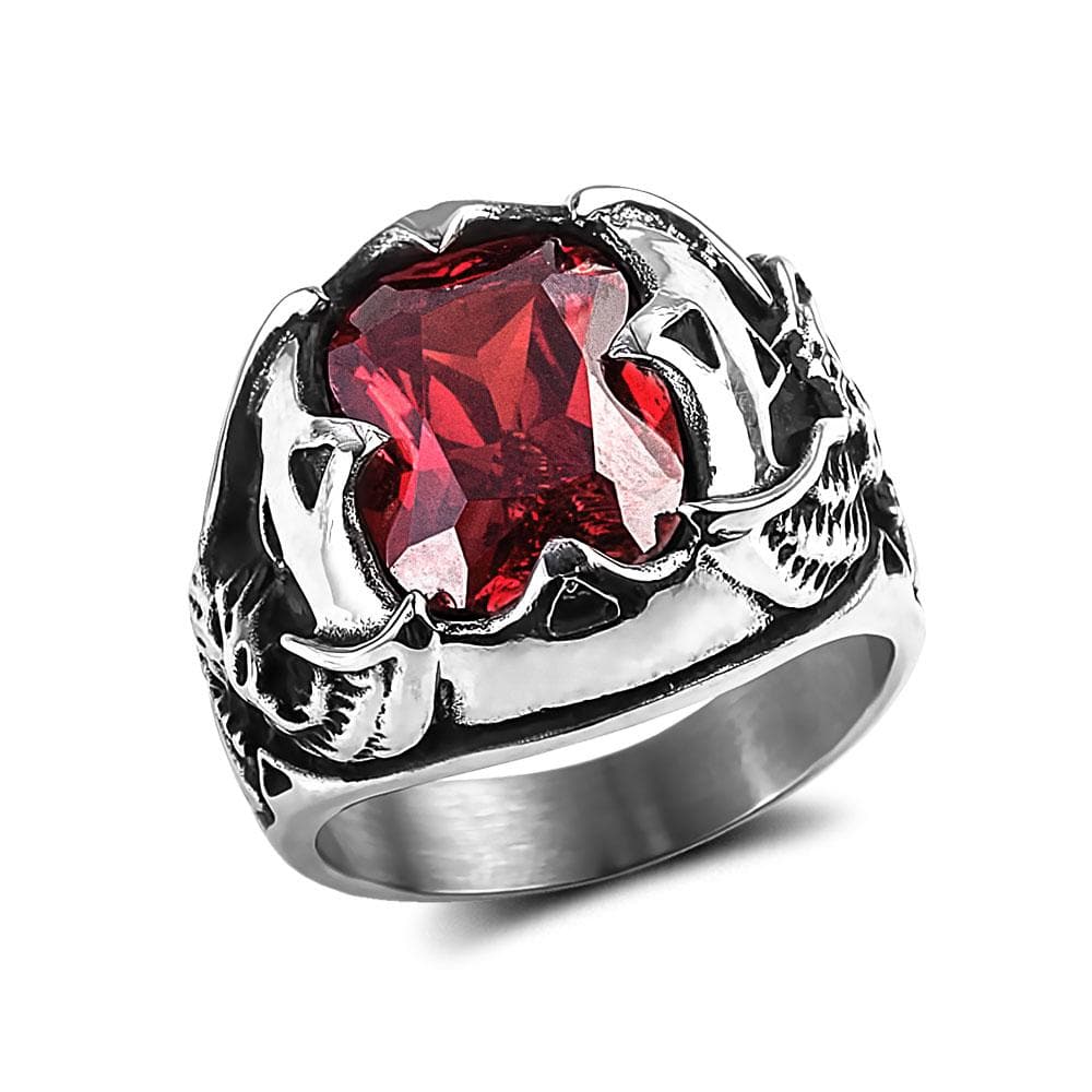 Men's Red Eagle Stone Ring featuring a bold red stone set in polished stainless steel with intricate eagle design accents, a unique men's jewelry piece.