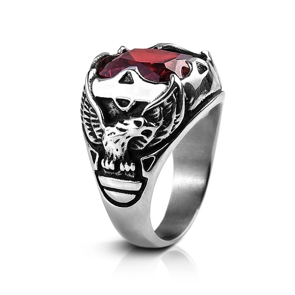 Men's Red Eagle Stone Ring made of stainless steel featuring a detailed eagle design with a large red stone centerpiece, perfect men's jewelry accessory.