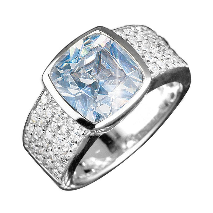 Embassy Silver Ring (White) for men featuring a sterling silver band with rhodium plating and a large, sparkling cushion-cut clear gemstone surrounded by smaller clear stones.