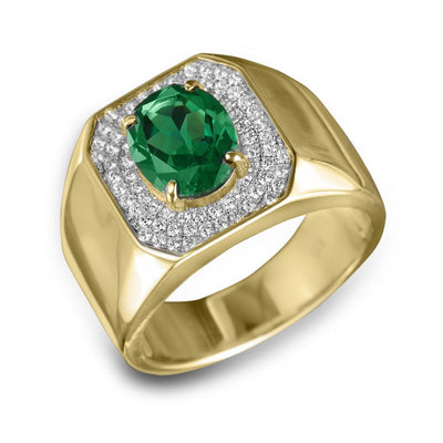 Challenger Men's Ring featuring a gold-plated sterling silver band adorned with a large green gemstone centerpiece surrounded by sparkling clear stones, designed for men.