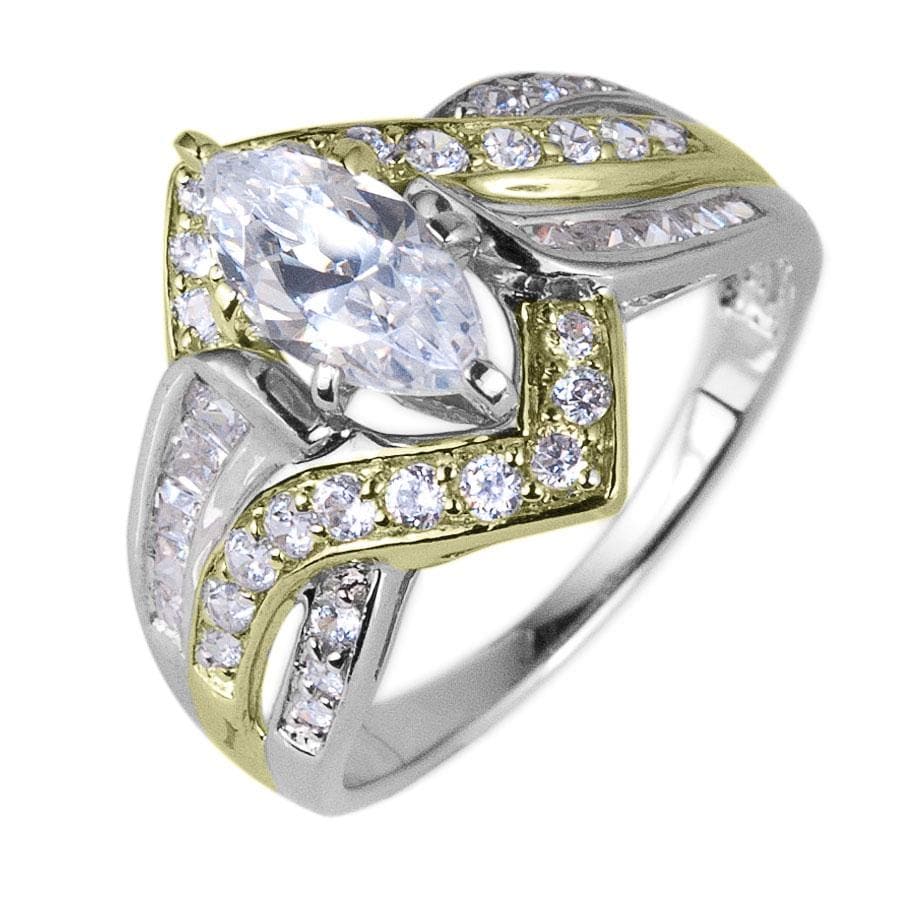 Venus Ring featuring a two-tone sterling silver band adorned with sparkling clear gemstones and a marquise-cut centerpiece, designed for female jewelry elegance.