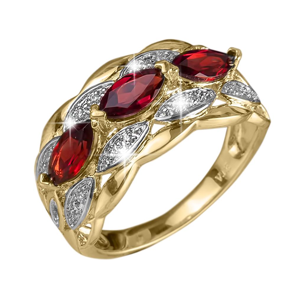 Garbo Garnet Ring featuring three marquise-cut red garnet stones set in sterling silver with gold plating, designed for women’s elegant jewelry collection.