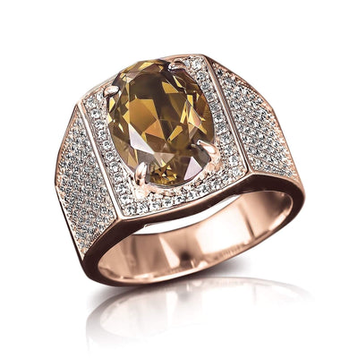 Notorious Cognac Men's Ring crafted in sterling silver with rose gold plating, featuring a large cognac-colored gemstone surrounded by sparkling clear stones for a bold, luxurious look.
