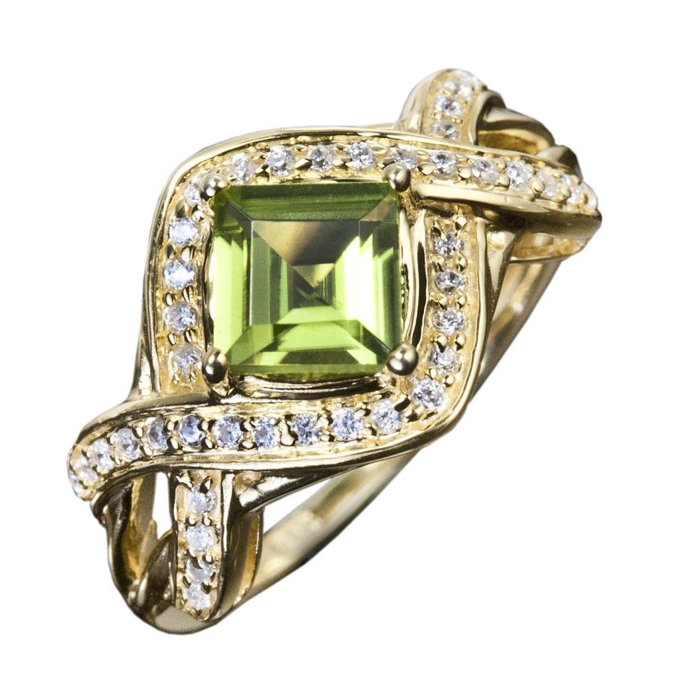 Palermo Peridot Ring featuring a square peridot gemstone set in sterling silver with gold plating, accented by sparkling clear stones, designed for women’s jewelry collections.