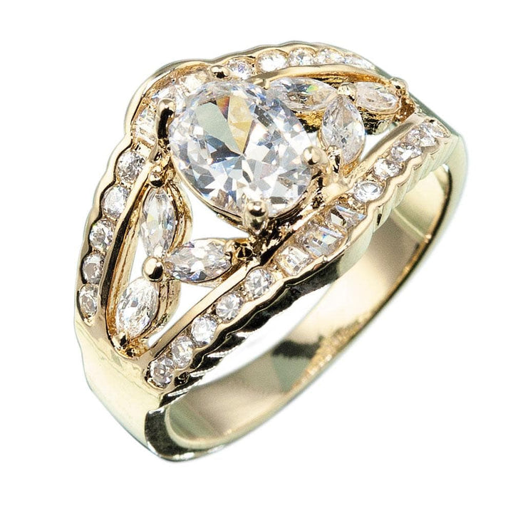 Regency Diamond Ring showcasing a gold-plated sterling silver band adorned with a large oval diamond centerpiece surrounded by smaller marquise and round-cut diamonds for an elegant female jewelry piece.