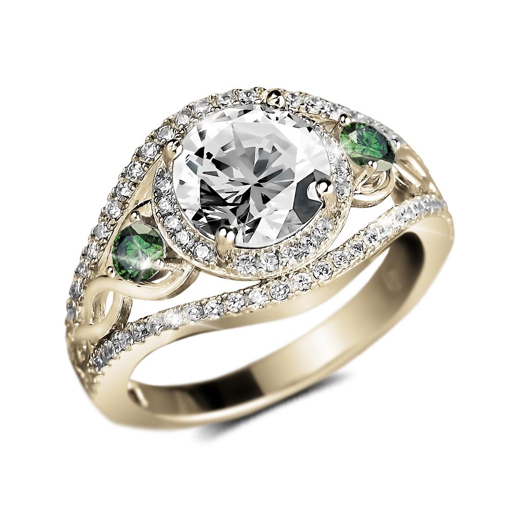 Garden Ring featuring a sterling silver base with gold plating, adorned with a large central clear gemstone and two smaller green gemstones, designed for women’s jewelry.