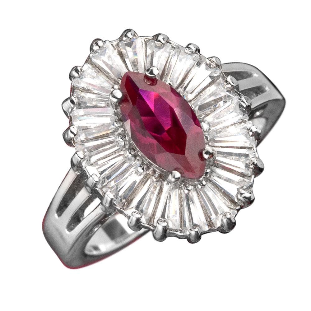 Hampton Ring featuring a marquise-cut red gemstone centerpiece surrounded by baguette-cut clear stones, set in sterling silver with rhodium plating for a polished finish.