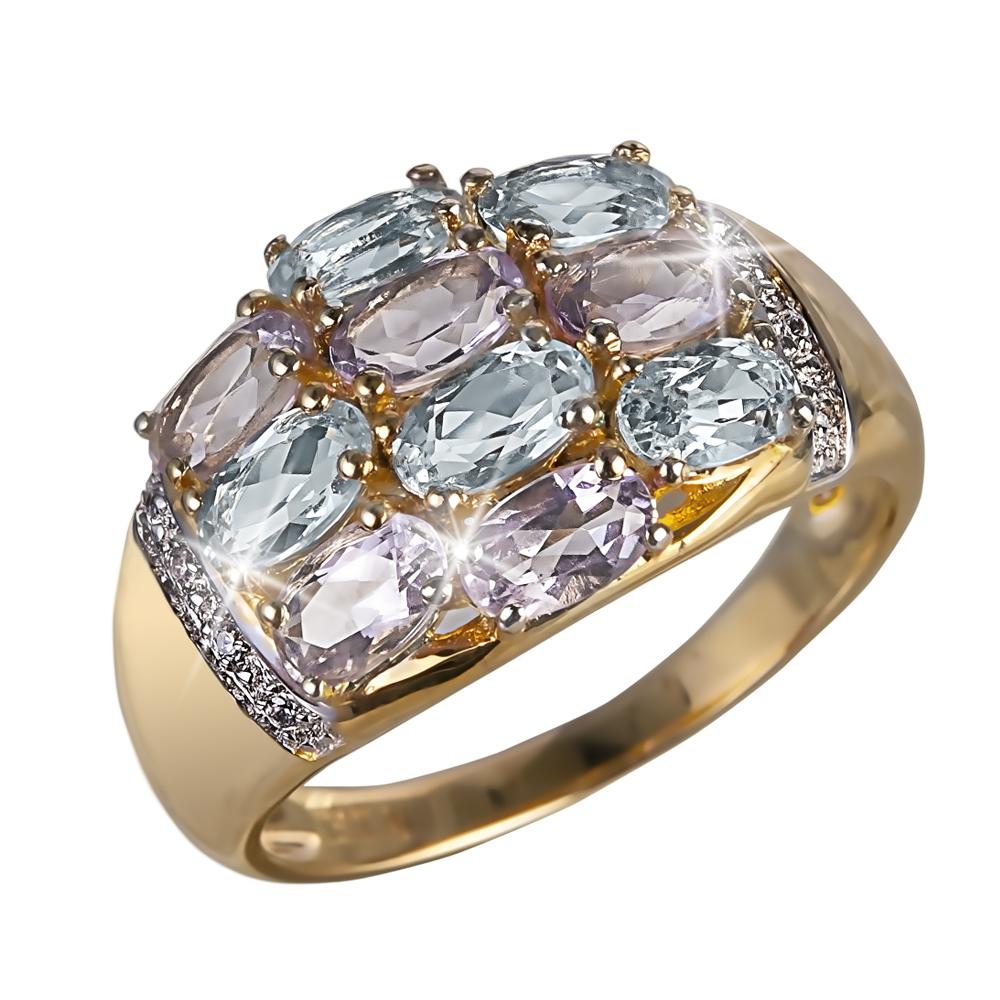 Wysteria Sky Ring featuring sterling silver with gold plating, adorned with alternating light blue and lavender oval gemstones and sparkling diamond accents, designed for female jewelry lovers.