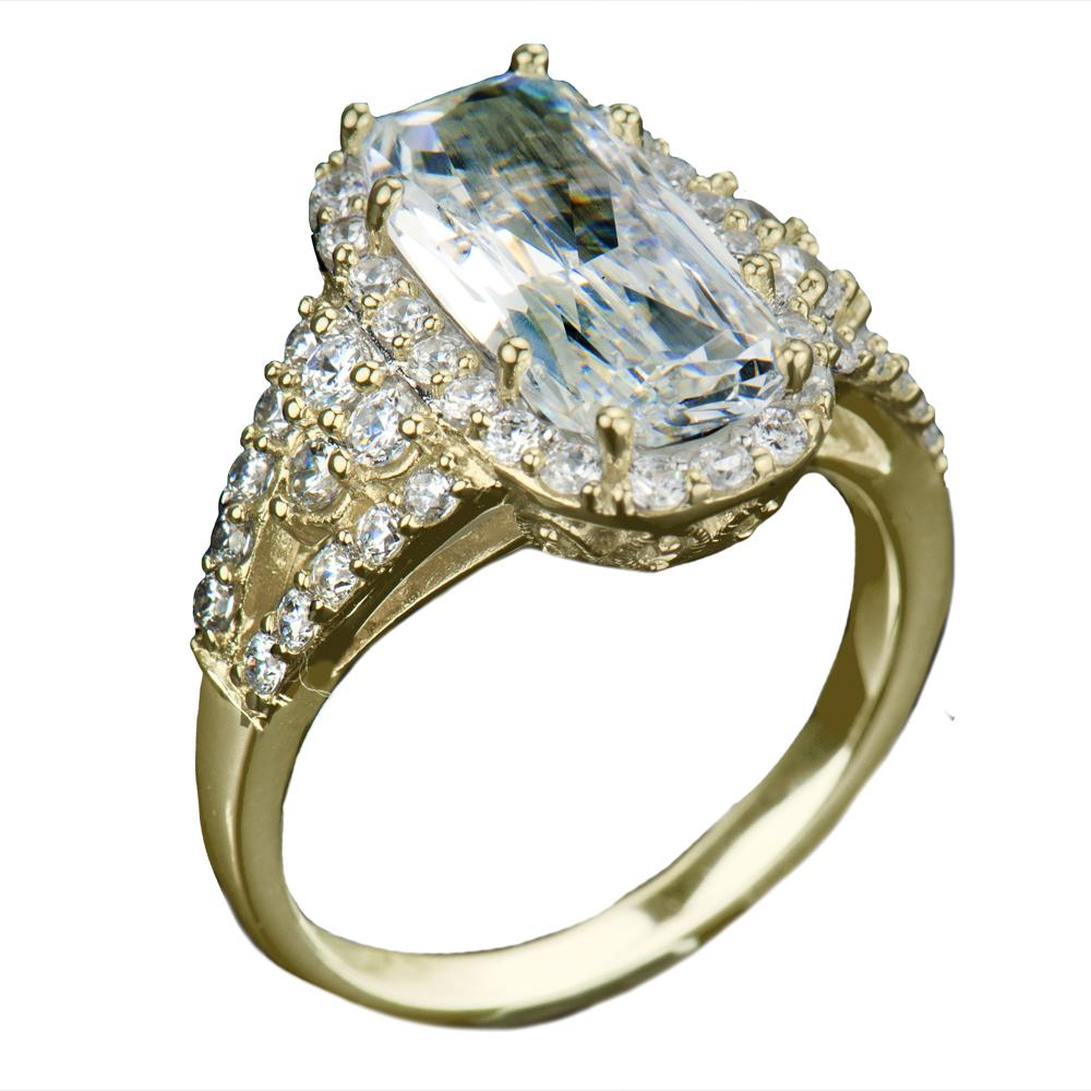Glacier Gold Ring featuring a large clear gemstone surrounded by smaller sparkling stones, set in sterling silver with gold plating, designed for women’s jewelry.