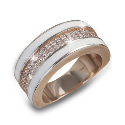 Rosa Ring in sterling silver with rose gold plating, featuring white enamel inlays and sparkling crystal accents, designed for women’s elegant jewelry collections.