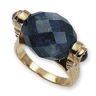 Lapis Lazuli Torque Ring featuring a large faceted lapis lazuli stone set in sterling silver with gold plating, designed for women’s elegant jewelry collection.