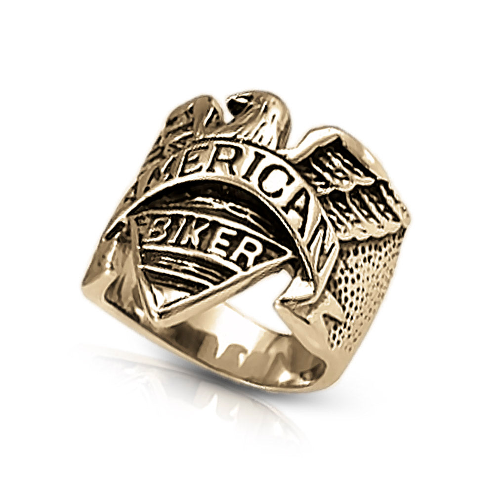 Eagle Rider Ring crafted from gold-plated stainless steel featuring detailed eagle and American biker motifs, designed for men seeking bold, collectible jewelry.