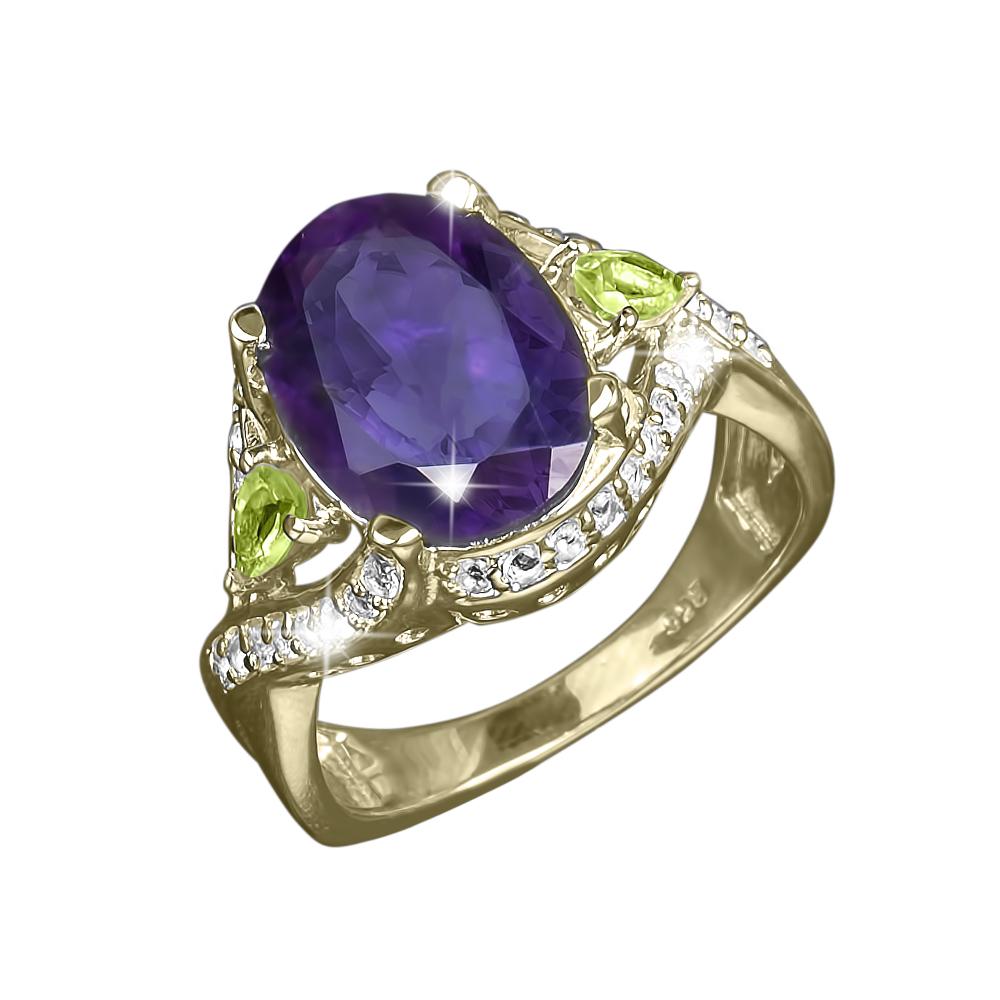Sansiri Amethyst Ring featuring a large oval amethyst gemstone set in sterling silver with gold plating, accented by small peridot stones and clear crystals, designed for women.