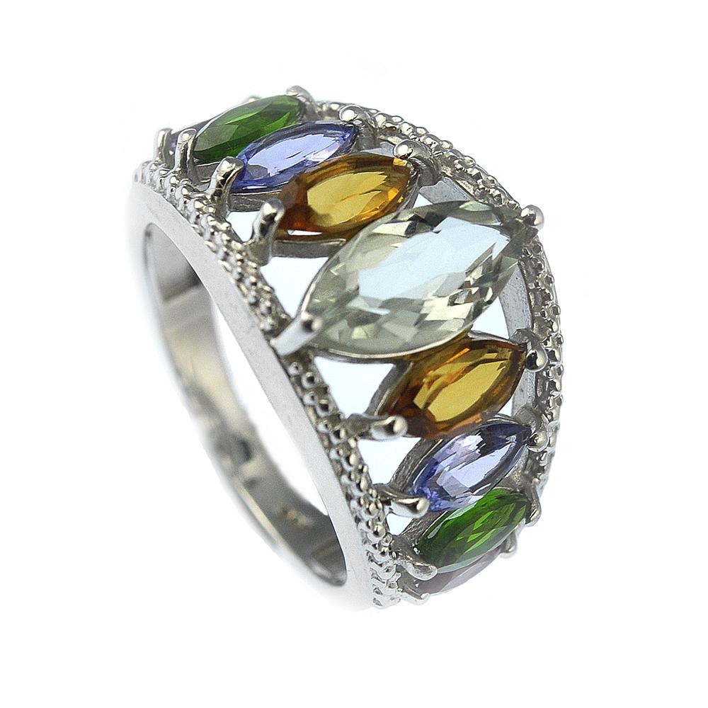 Ariana Ring featuring sterling silver band with multiple marquise-cut gemstones in green, purple, orange, and clear hues designed for women’s jewelry collections.
