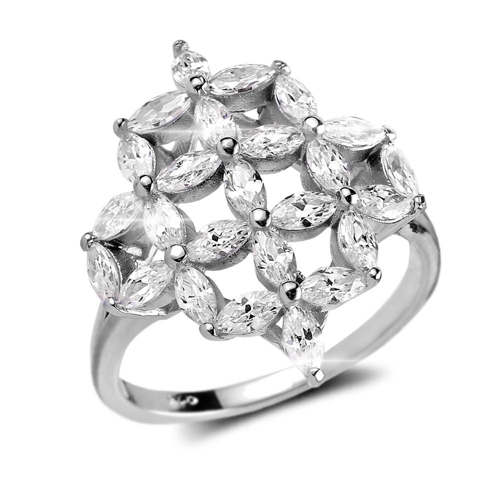 Floretta Rhodium Ring featuring a sterling silver band with an intricate lattice design set with multiple sparkling clear stones, crafted for women’s elegant jewelry collections.