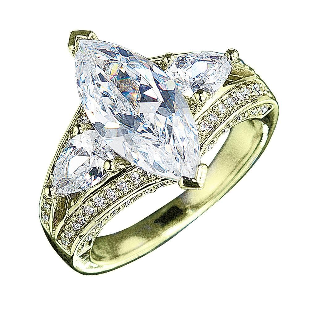 Millionaire Marquise Gold Ring featuring sterling silver base with gold plating, adorned with a large marquise center stone and sparkling accent stones for elegant female jewelry.