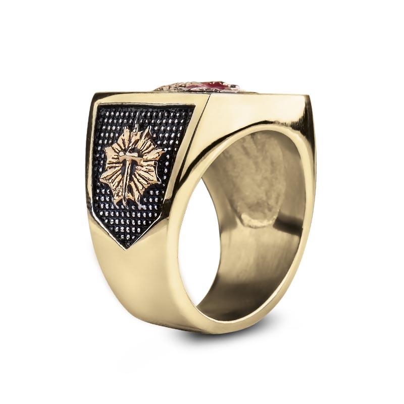 Masonic Ring for men crafted from gold-plated stainless steel featuring intricate Masonic emblem detail on a textured black background, a distinguished jewelry piece.