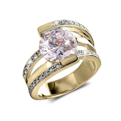Rodela Gold Ring crafted from sterling silver with gold plating, featuring a large central gemstone and accented with smaller sparkling stones, designed for women’s jewelry collections.