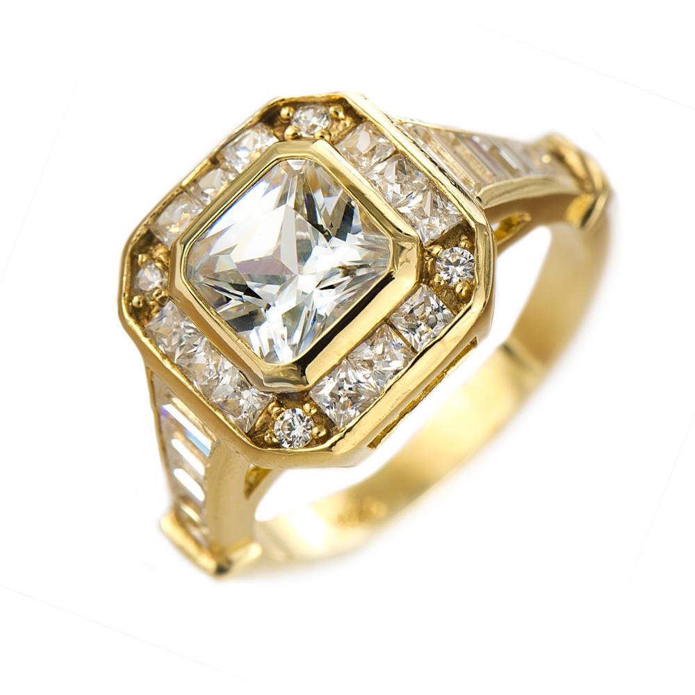 Valencia Deco Ring featuring a gold plated sterling silver band with a large square center crystal surrounded by smaller clear stones, designed for women’s jewelry.