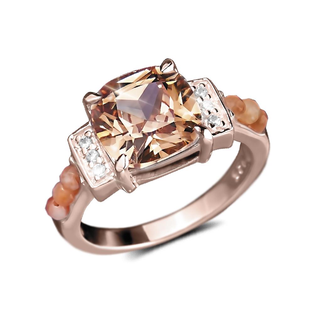 Peach Rose Ring featuring a sterling silver band with rose gold plating, showcasing a large square peach-colored center stone flanked by small clear accent stones and decorative beading.