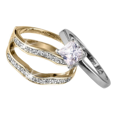 Princess Duo Ring featuring sterling silver band with gold plating and sparkling clear stones, designed for a refined and elegant female jewelry collection.