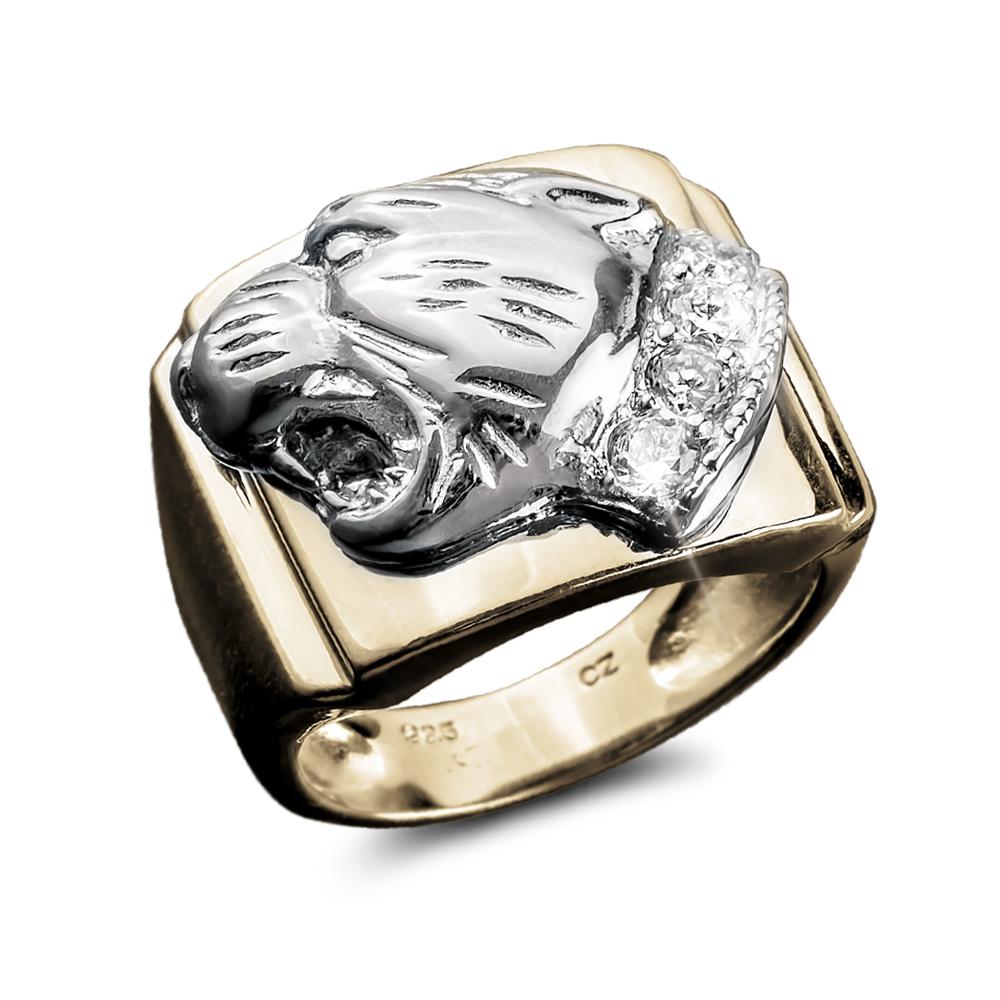 Panthera Rings sterling silver two-tone men's ring featuring a detailed panther head design with crystal accents, combining boldness and elegance in jewelry.