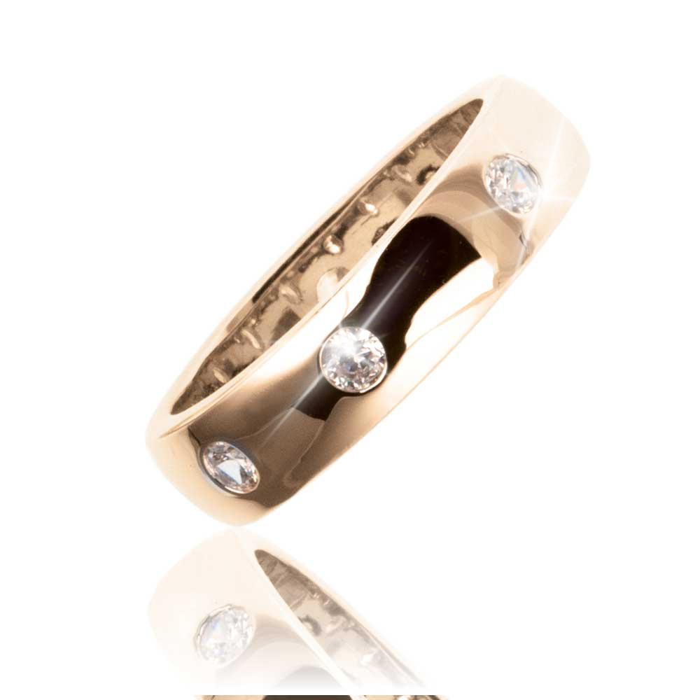 Puccini Ring Rose Gold featuring a sterling silver band plated in elegant rose gold with three sparkling gemstones, designed as a unisex jewelry piece.